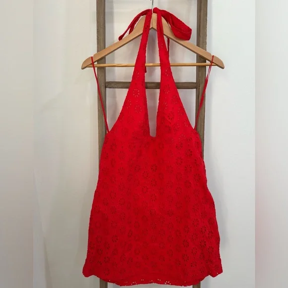 Free People Embroidered Halter Trevi Eyelet Mini Dress Red Women M NWT Boho - Picture 2 of 9